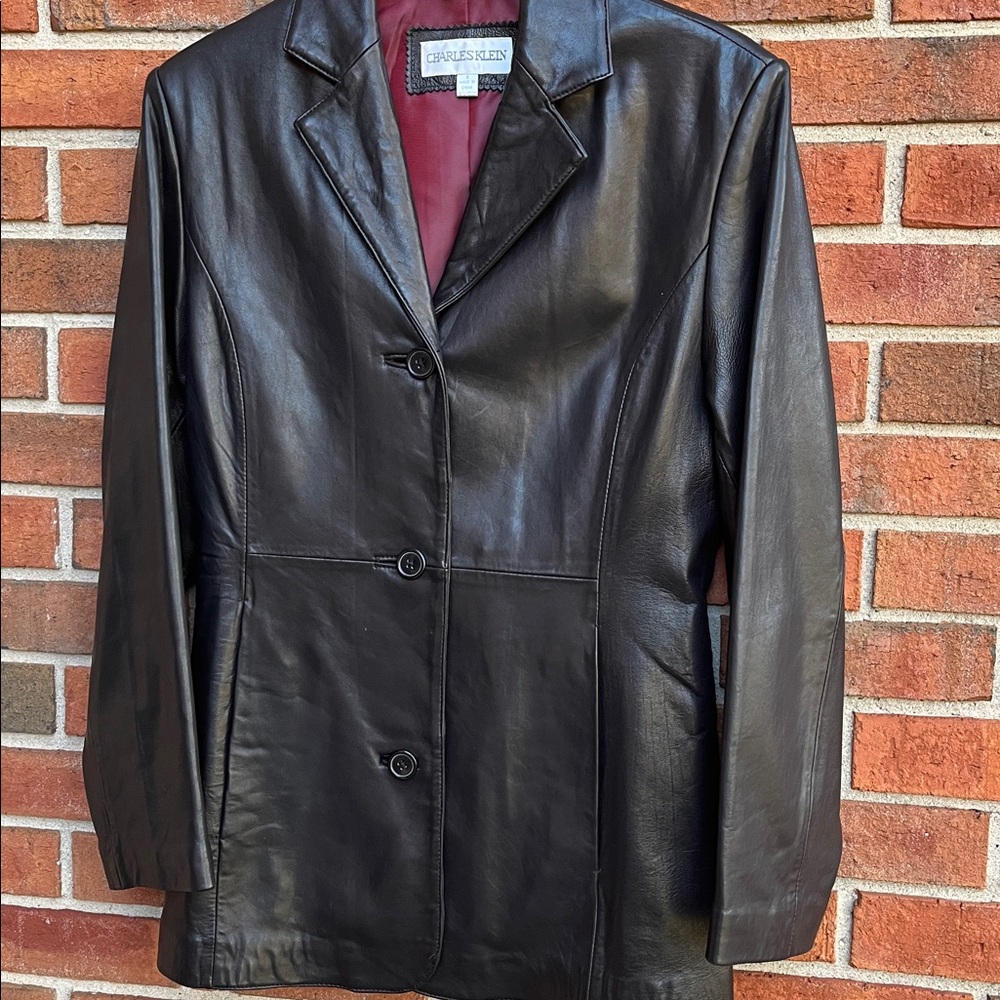 Charles Klein Black Leather Classic 3-Button Blazer Jacket size Small